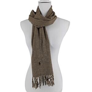 RALPH LAUREN UNISEX BROWN BEIGE COTTON FRINGE SCARF HOUNDSTOOTH STYLE SIZE 62X11